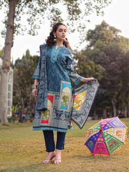Yufta - Teal Blue Pure Cotton Lace Work Pakistani Straight Kurta with Dupatta & Pant