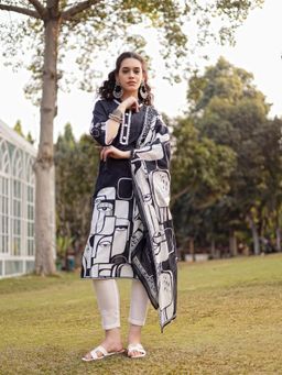 Yufta - Black Pure Cotton Ethnic Motifs Pakistani Kurta with Pant & Dupatta