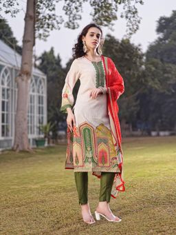 Yufta - Cream Cotton Pakistani Straight Kurta with Pant & Dupatta