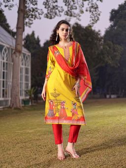 Yufta - Cotton Lime Yellow Pakistani Straight Kurta with Pant & Dupatta