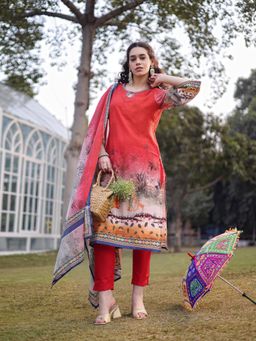 Yufta - Red Lace Work Pakistani Straight Kurta with Pant & Dupatta