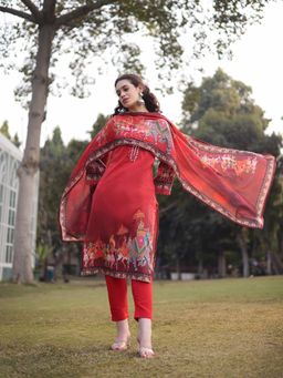 Yufta - Red Beads and Stones Pakistani Straight Kurta with Pant & Dupatta