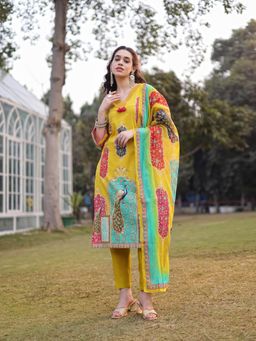 Yufta - Cotton Lime Green Straight Pakistani Kurta with Pant & Dupatta