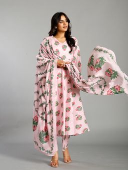 Yufta - Light Pink Block Print Cotton A-Line Anarkali Kurta with Pant & Dupatta