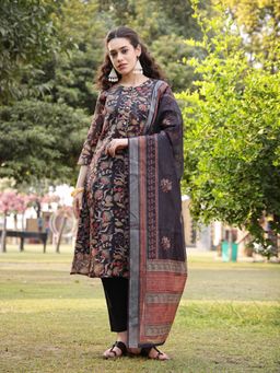 Yufta - Black Floral Print A-Line Lining Kurta with Pant & Dupatta