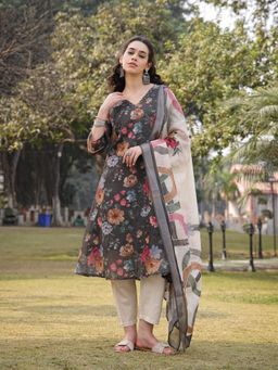 Yufta - Military Green Floral Print Lining Kurta with Pant & Dupatta