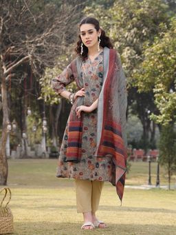 Yufta - Green Floral Print A-Line Lining Kurta with Pant & Dupatta