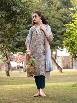 Yufta - Grey Floral Print Lining Kurta with Pant & Dupatta