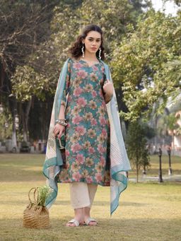 Yufta - Turquoise Blue Floral Print Lining Kurta with Pant & Dupatta