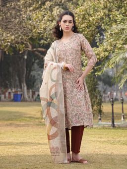 Yufta - Beige Floral Lining Kurta with Pant & Dupatta