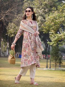 Yufta - Beige Sequins Work Kurta with Pant & Dupatta