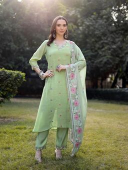 Yufta - Pista Green Resham Embroidery A-Line Chanderi Kurta with Pant & Dupatta