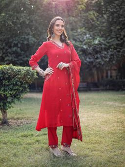 Yufta - Red Resham Embroidery A-Line Chanderi Kurta with Pant & Dupatta
