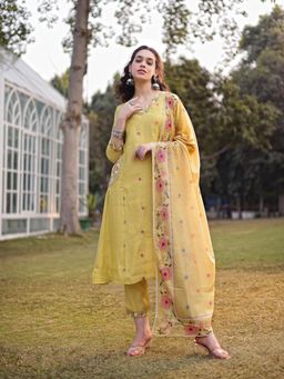 Yufta - Yellow Resham Embroidery A-Line Chanderi Silk Kurta with Pant & Dupatta