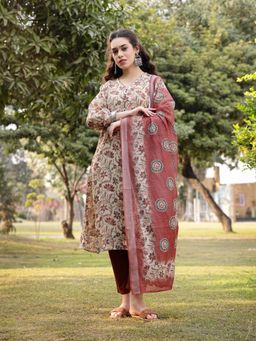 Yufta - Beige Linen Floral Sequins Work Show Button Kurta with Pant & Dupatta