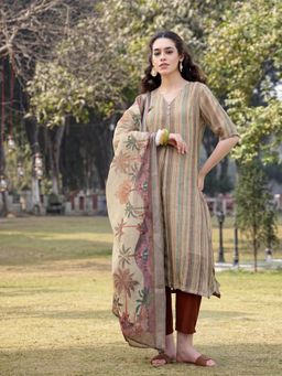 Yufta - Beige Linen A-Line Kurta with Pant & Dupatta
