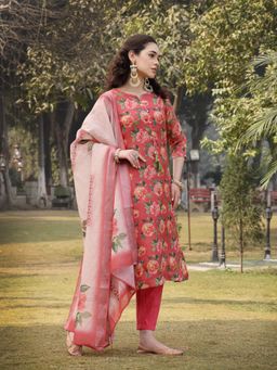 Yufta - Pink Linen Flared Kurta with Pant & Dupatta