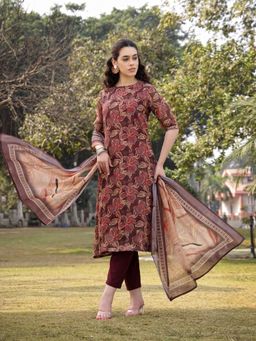 Yufta - Brown Floral Sequins Work Linen A-Line Kurta with Pant & Dupatta