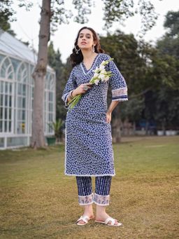 Yufta - Blue Cotton Ethnic Motifs Lace Work Straight Kurta with Pant