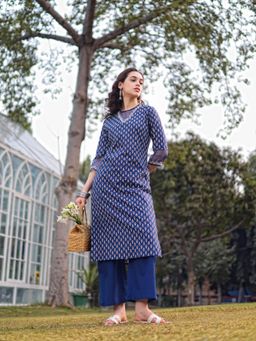 Yufta - Blue Cotton Lace Work Straight Kurta with Palazzo