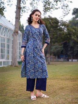 Yufta - Blue Cotton Lace Work Square Neck Straight Kurta with Palazzo