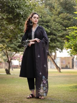 Yufta - Black Pure Cotton A-Line Kurta with Pant & Dupatta