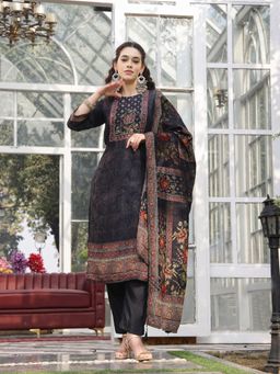 Yufta - Pure Russian Silk Black Kurta with Pant & Dupatta