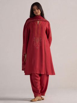 Ganga Fashions - Jester Red Pashmina Kurta with Salwar & Dupatta