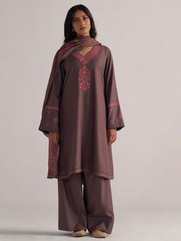 Ganga Fashions - Plum Truffle Pashmina Kurta with Palazzo & Dupatta
