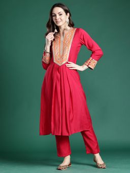 Indo Era - Pink Embroidered A-Line Kurta with Pant