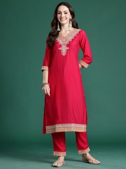 Indo Era - Pink Embroidered Straight Kurta with Pant