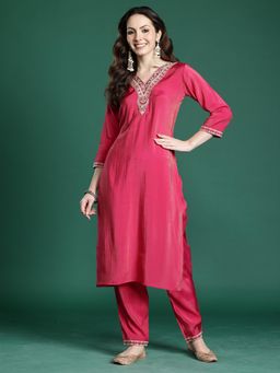 Indo Era - Pink Embroidered Straight Kurta with Pant
