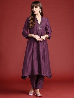 Indo Era - Purple Embroidered A-Line Kurta with Pant