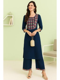TULSATTVA - Embroidered Navy Blue Kurta with Palazzo