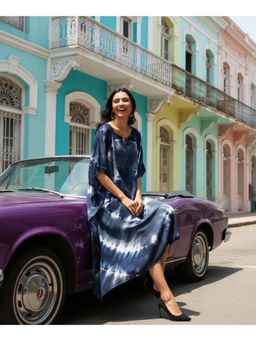Maaesa - Womens Navy Blue Handcrafted Tie-Dye Rayon Crepe Kaftan Dress