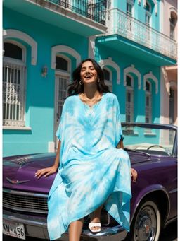 Maaesa - Womens Blue Handcrafted Tie-Dye Rayon Crepe Kaftan Dress