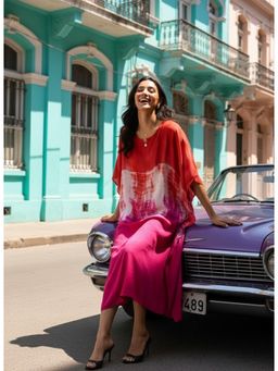 Maaesa - Womens Red Handcrafted Tie-Dye Rayon Crepe Kaftan Dress