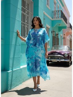 Maaesa - Womens Blue Handcrafted Tie-Dye Rayon Crepe Kaftan Dress