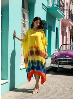Maaesa - Womens Yellow Handcrafted Tie-Dye Rayon Crepe Kaftan Dress