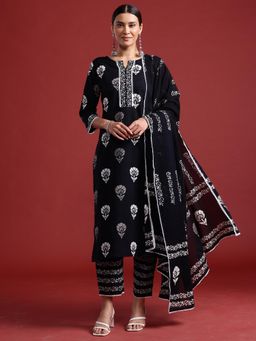 Indo Era - Black Printed Straight Kurta with Pant with Dupatta