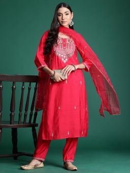Indo Era - Pink Embroidered Straight Kurta with Pant & Dupatta