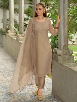 Indo Era - Brown Embroidered Straight Kurta with Pant & Dupatta