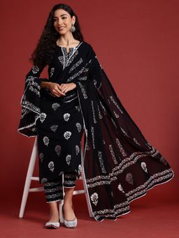 Indo Era - Black Printed Straight Kurta with Pant with Dupatta
