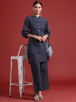 Indo Era - Navy Blue Printed Straight Kurta with Palazzo