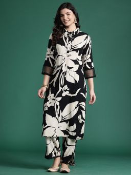 Indo Era - Black Floral Straight Kurta with Pant