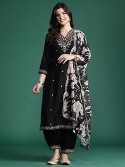 Indo Era - Black Embroidered Straight Kurta with Salwar with Dupatta
