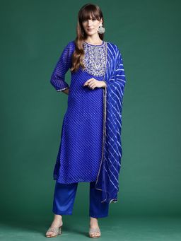 Indo Era - Blue Printed Straight Kurta with Pant & Dupatta