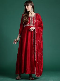 Indo Era - Red Embroidered Anarkali Kurta with Pant & Dupatta