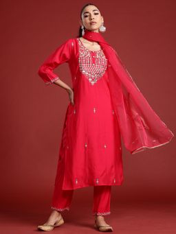 Indo Era - Pink Embroidered Straight Kurta with Pant & Dupatta