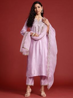 Indo Era - Lavender Embroidered Straight Kurta with Pant & Dupatta